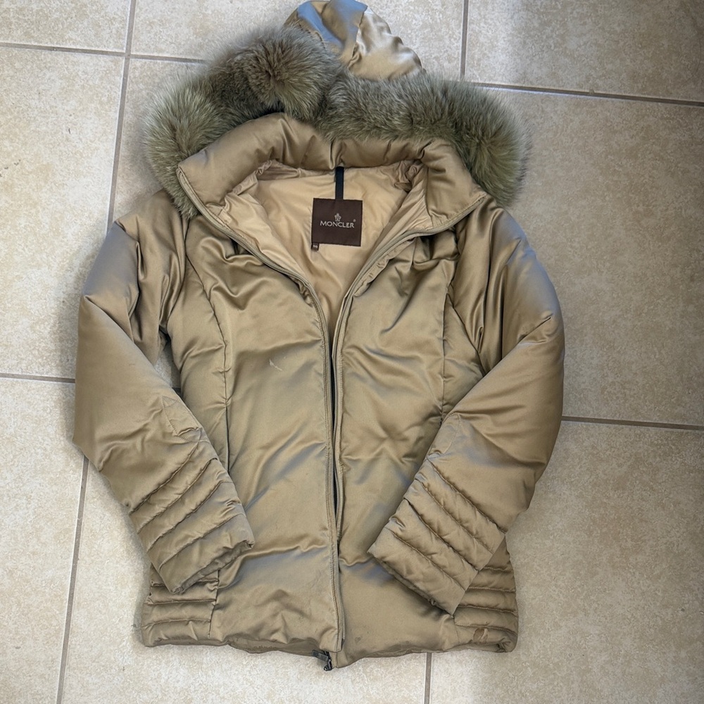 Moncler Women's Beige Puffer Coat with Fur Trim